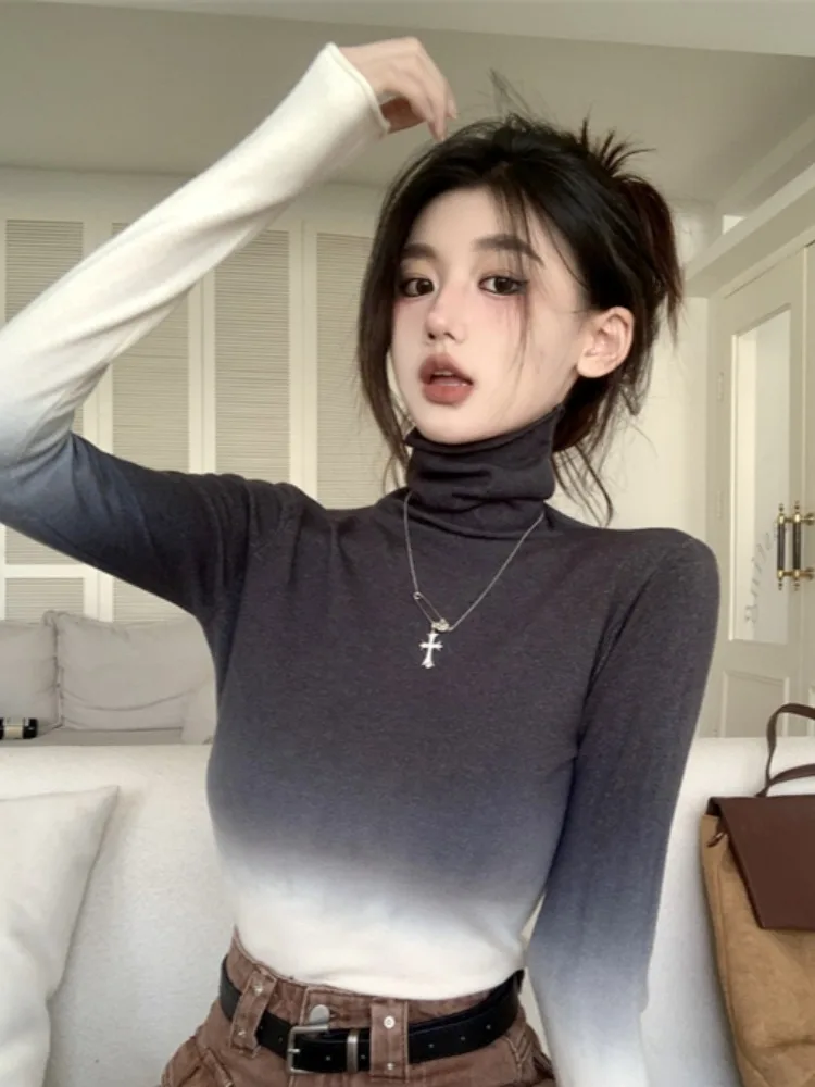 

High Collar Knitted Sweater Women's Fashion Slim Fit Base Layer Inner Wear Top Gradient Dyed Knot Design Korean Style