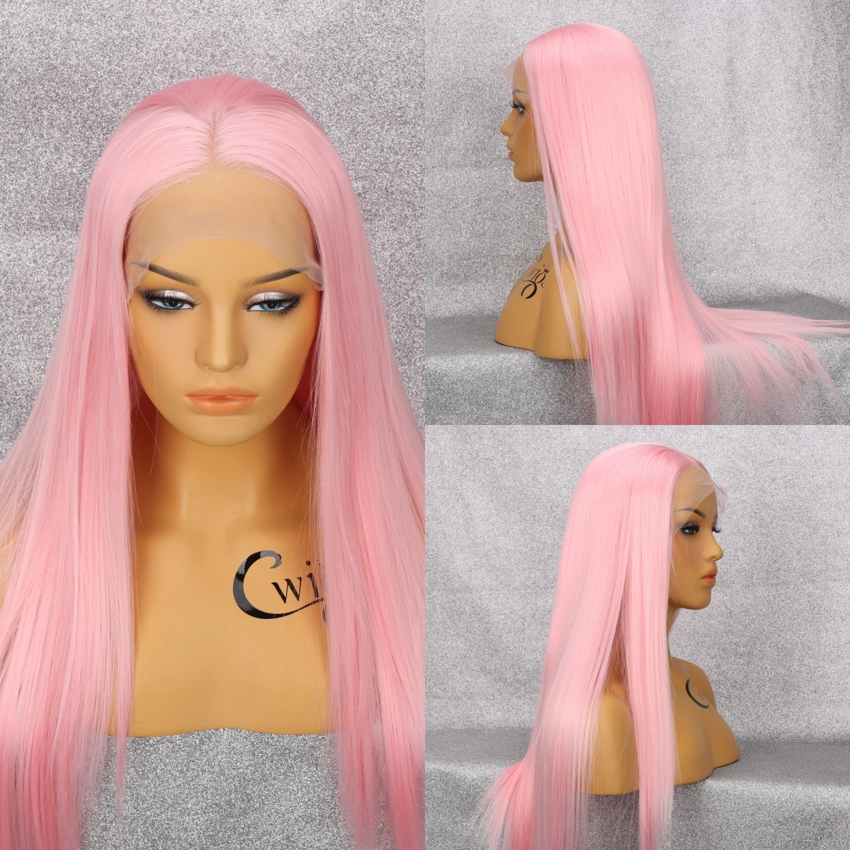 Wig rambut lurus panjang merah muda renda depan 13*4 sintetis Wig Cosplay tahan panas ringan sejuk garis samping alami