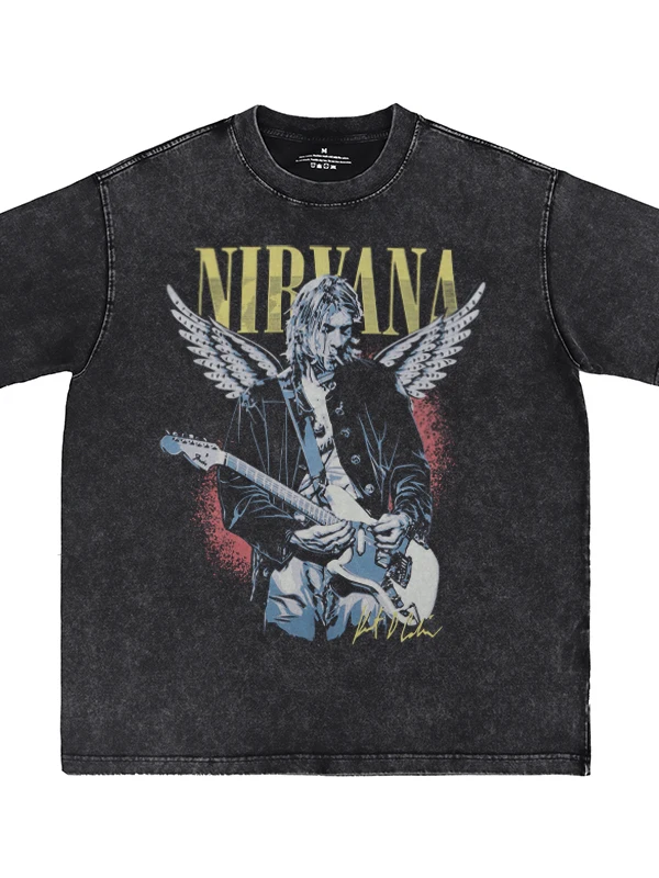 Retro American Street Punk Rock Short Sleeve T-Shirt Digital Direct Spray Washed Aging Band Design Cotton Casual Tee