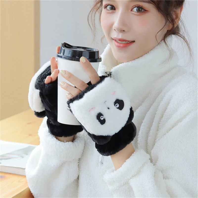 Bear Winter Gloves GirlsCold Weather Mittens Plush Girl Flip Top With Cartoon Animal Pattern Lovely Panda Flap Design