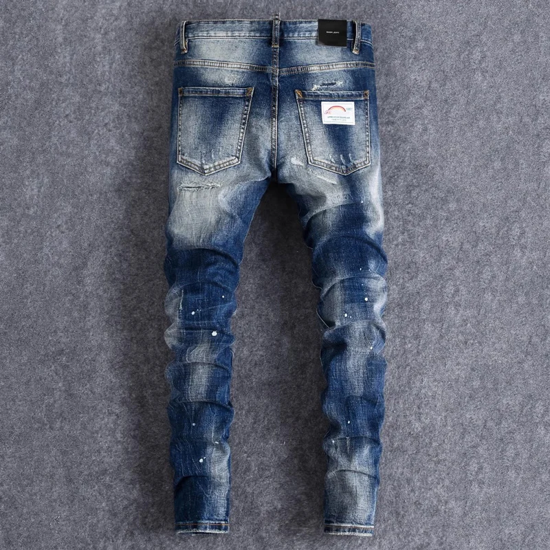 Street Fashion Designer Men Jeans Retro Washed Blue Stretch Slim Fit Painted Patched Ripped Jeans Men Brand Denim Pants Hombre