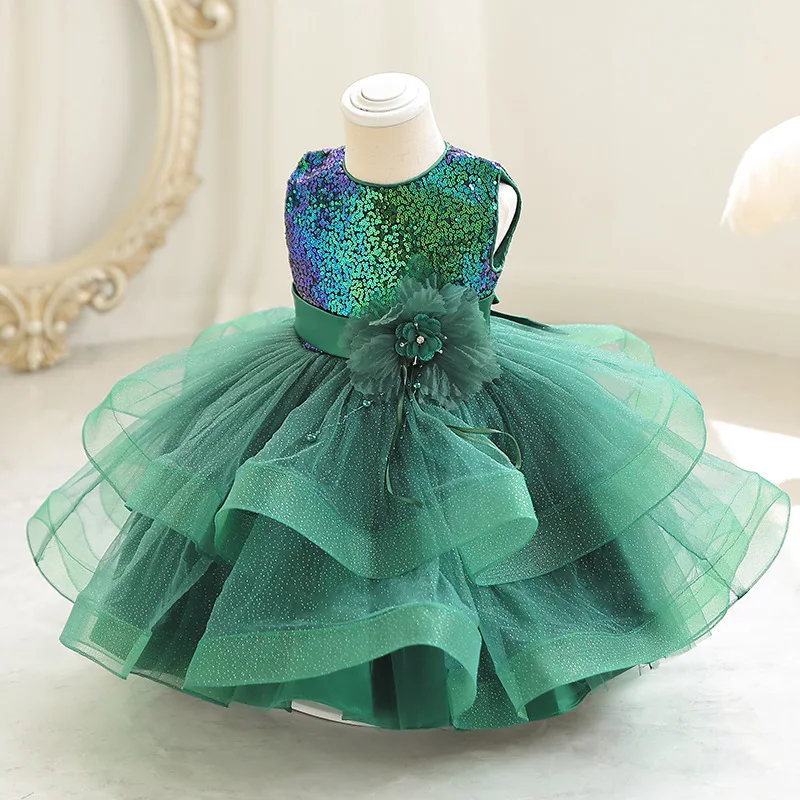 

2024 New Girls' Sequin Princess Dress 3-10 Year Old Flower Bow Cake Dress Halloween Banquet Host Performance Dress