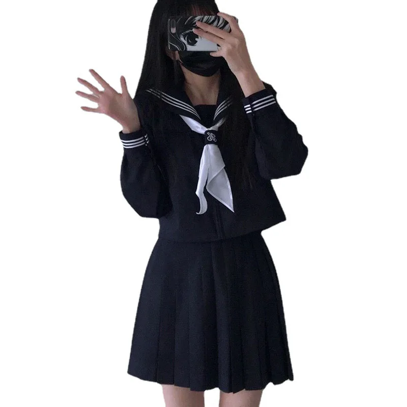 Kanamisan's College JK Uniform-Set, Basic-Stil, Marineblau, Matrosenanzug, Cosplay-Kostüme, Faltenrock, Herbst und Winter