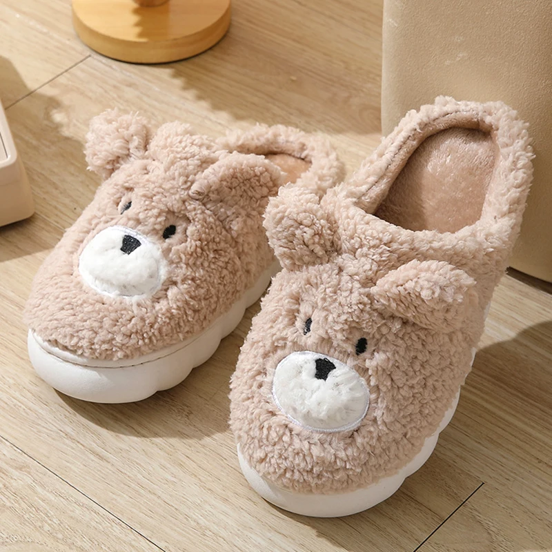 Cute Cartoon Bear Plush Slippers for Women 2024 Winter Warm Faux Fur Home Shoes Woman Thick Sole Non Slip Indoor Fluffy Slippers