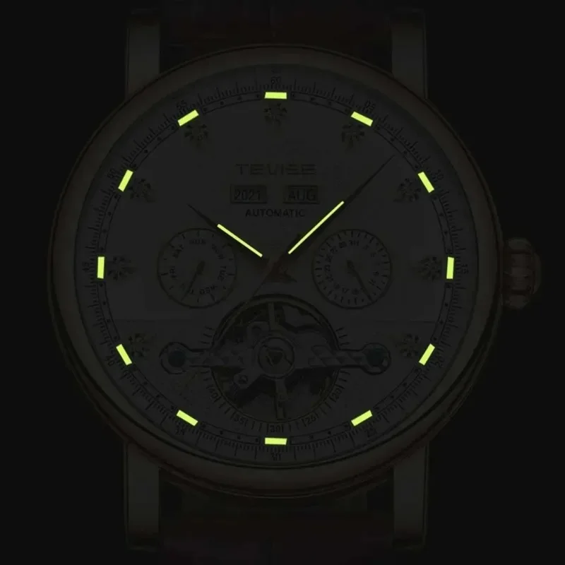 Reloj mecánico automático para hombre, pulsera de cuero de acero inoxidable, informal, de negocios, luminoso, resistente al agua, de lujo, 2024