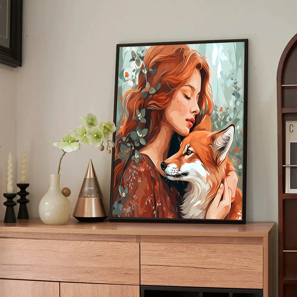 SDOYUNO Malen nach Zahlen für Erwachsene, Waldmädchen und Tiere mit Rahmen für Handarbeit, DIY-Set, Leinwand, Bild, Basteln, Kunstbedarf, Kits