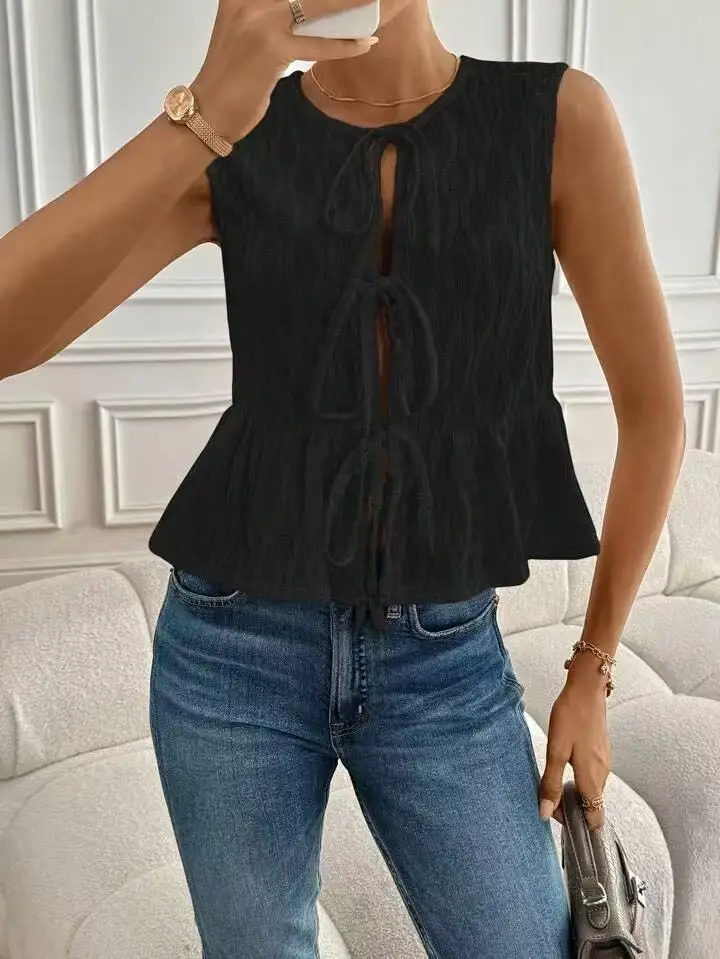 Artículo vendedor caliente vendedor caliente del verano, chaleco de moda ocasional del cuello redondo de la corbata delantera de las mujeres