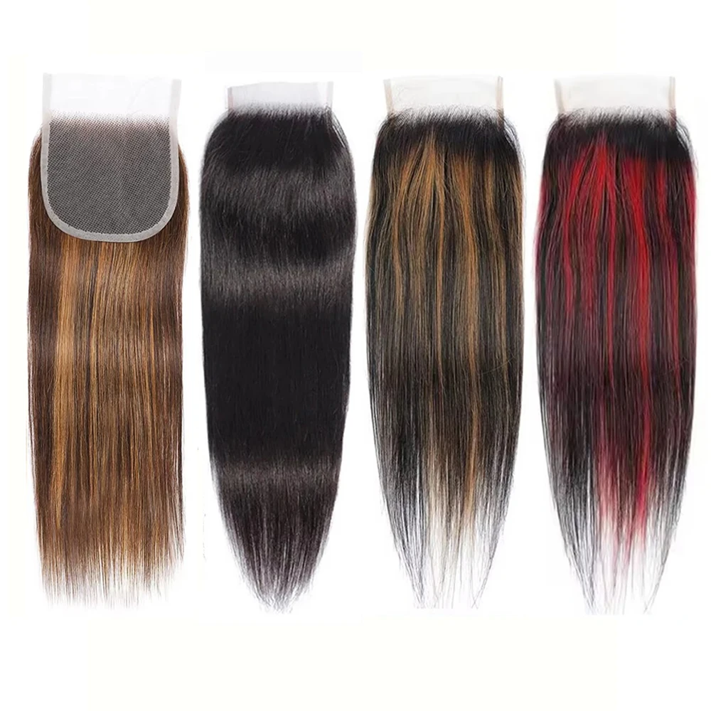 P4/27 Highlight Straight 4x4 Lace Closure Transparent Swiss Lace Brazilian 100% Human Hair Pre-Plucked With Baby Hair For Women