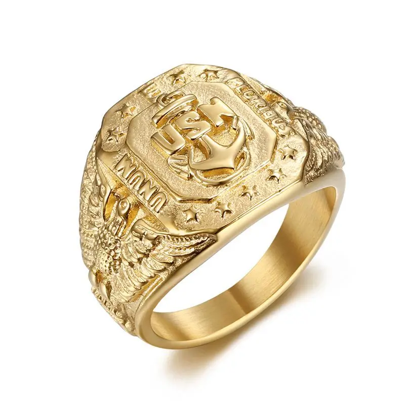 Hip Hop Bling Gold Color Stainless Steel US Navy USN Eagle Anchor Ring chunky Men Signet Rings for Men Jewelry Plus Size 8-15