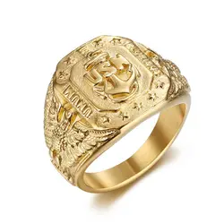 Hip Hop Bling Gold Color Stainless Steel US Navy USN Eagle Anchor Ring chunky Men Signet Rings for Men Jewelry Plus Size 8-15