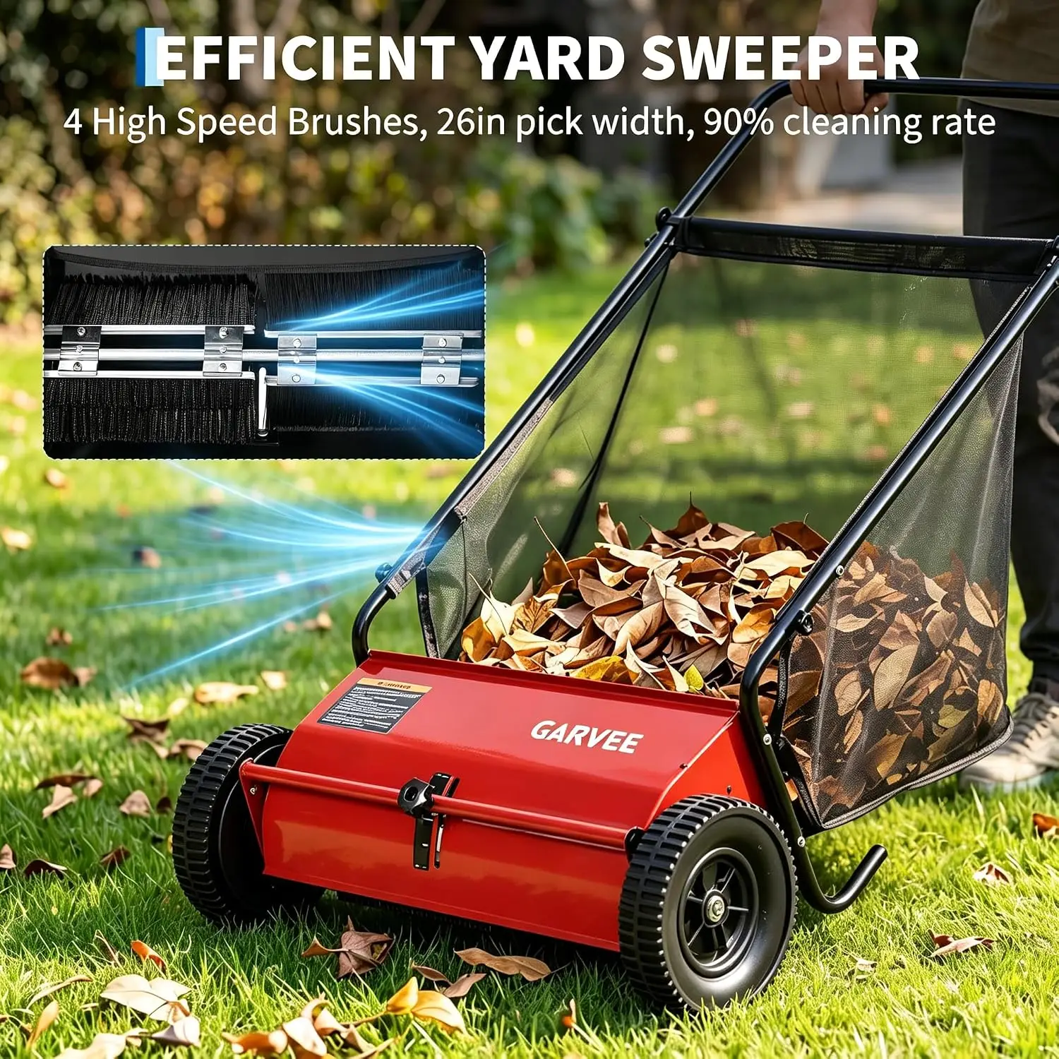 Tacleekii Push Lawn Sweeper 26 Inch Leaf & Grass Collector 7 Cu.ft. Hopper Bag 4 High-Speed Brushes Walk-Behind Leaf & Grass Collector for Driveway Patio & Garden