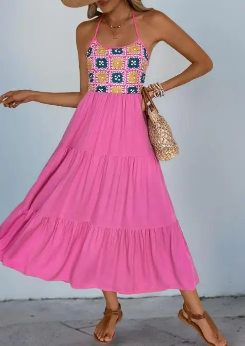 

2025 Backless Vacation Style Knit Rose Red Hanging Neck Sleeveless Dress Sweet and Spicy Girl Sleeveless Hanging Neck Dress