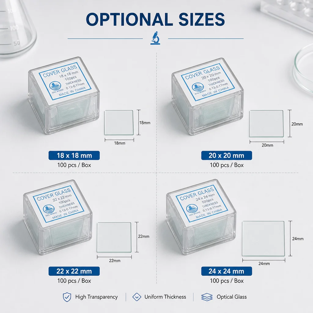 IKEME 100pcs Square Microscope Cover Glass Slides 18x18mm to 24x24mm Sizes 0.13-0.17mm Thickness for Microscope and Lab Use