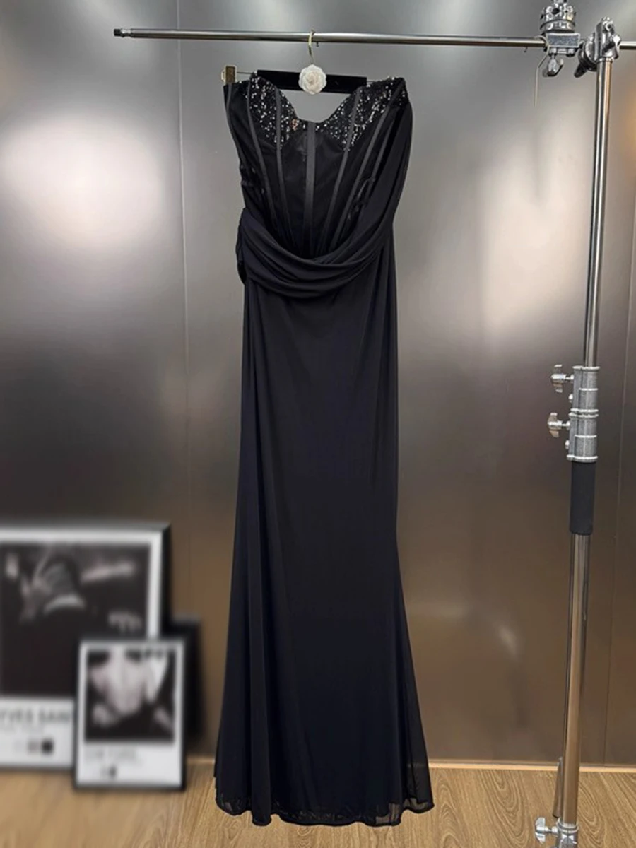 VGH Sexy Slimming Solid Dinner Dresses For Women Square Collar Sleeveless High Waist Elegant Folds Long Dress Female Fashion New