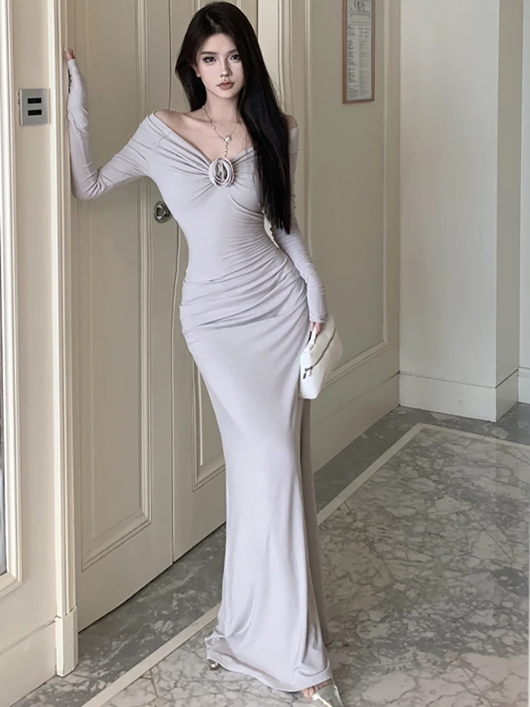 Abito lungo sexy da donna a maniche lunghe con scollo a barchetta Abito lungo sexy autunno inverno Abito da sera di lusso Hepburn vintage 2025 Abito aderente elegante