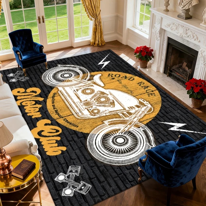 VIKAMA Retro Motor Club Area Rug Vintage Chopper Motorcycle Brick Wall Print Non Slip Large Floor Mat Biker Man Cave Living Room