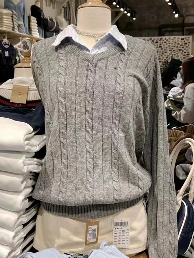 Vintage Grey Cotton Knit Sweater Women Autumn Y2k Streetwear Warm V Neck Pullovers Tops Female Vintage Solid Loose Sweaters Chic
