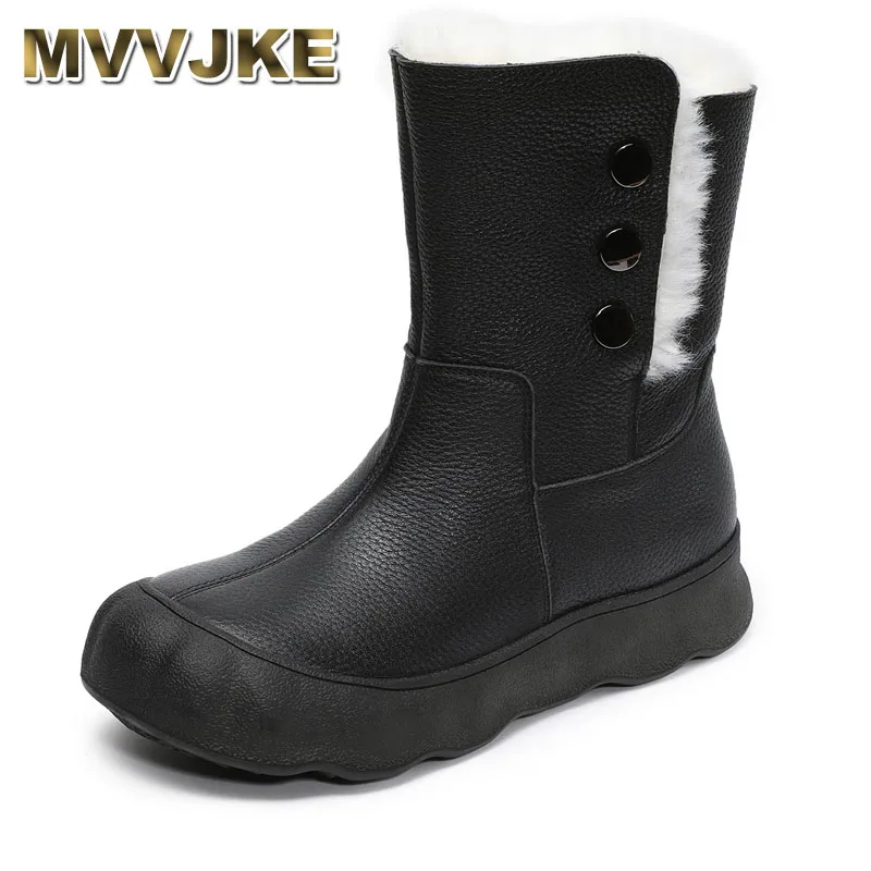 

Women Snow Boots Winter Fluffy Plush Thick Sole Platform Flat Warm Mid Calf Boots Casual Genuine Leather Cotton Boots