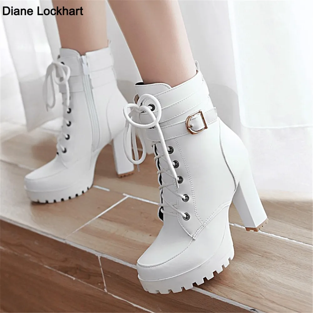 Buty damskie Buty motocyklowe Jesień Zima Buty damskie 2024 Stylowe damskie buty za kostkę Platforma na wysokim obcasie Sexy Botas Buckle White