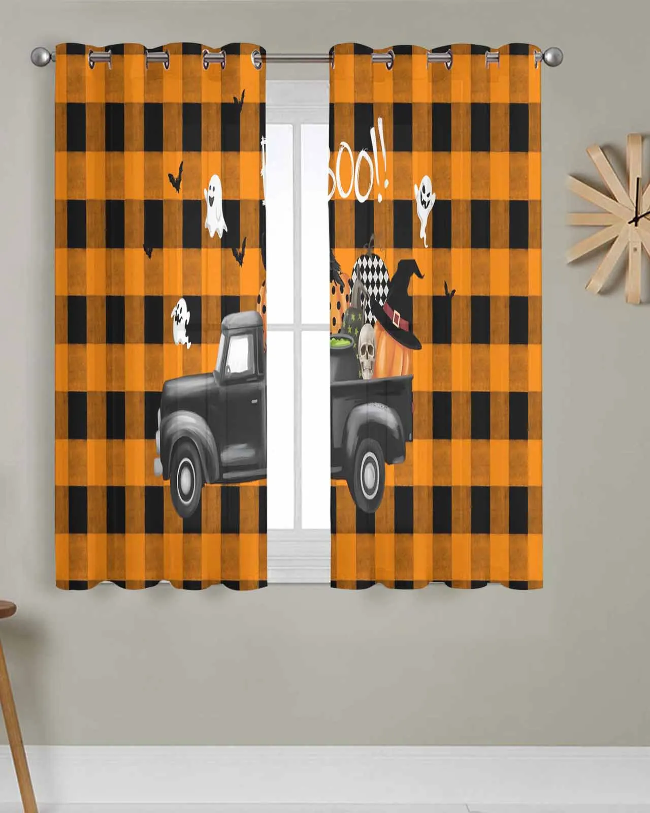 

Tulle Window Curtains Orange Plaid Halloween Truck for Living Room Bedroom Transparent Chiffon Sheer Voile Window Curtain