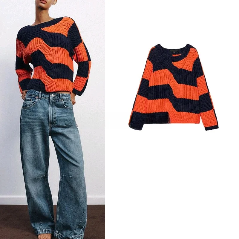 

Spring New Arrival Women's Vintage Knitwear round Ne Long Sve Loose Striped Top Polyester Fiber Commute Sle Regular Sl...
