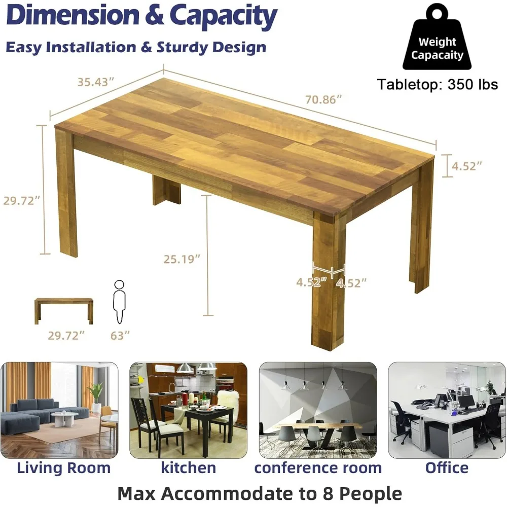 Mesa de jantar de cozinha de 71 "6 pés para 6 8, mesa de jantar grande de fazenda, mesa longa retangular de madeira para família grande, à prova d'água