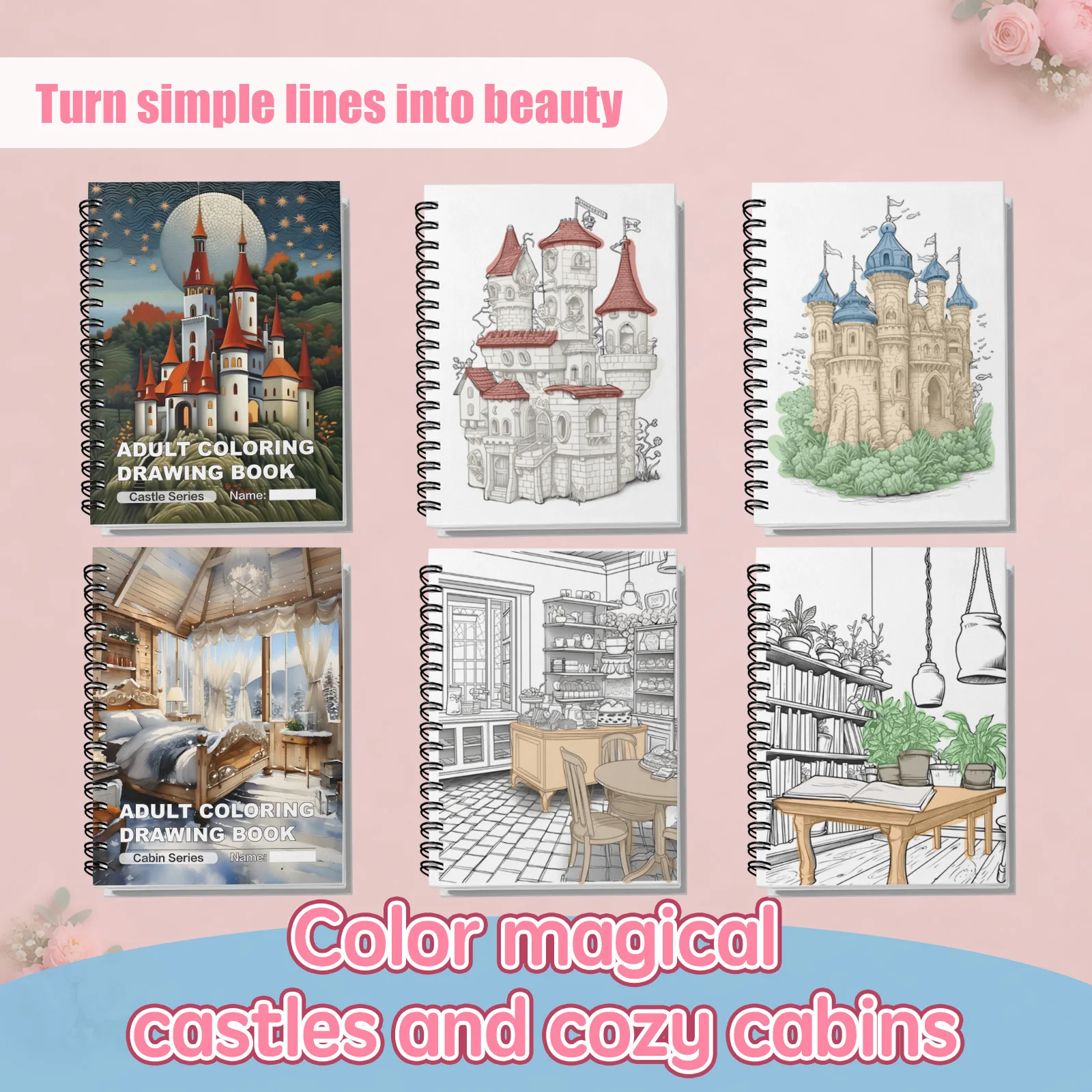 Castle & Cabin Adult Coloring Book Set 2-Pack: Top Spiral Bound Fantasy Coloring Drawing Books, 8.27 x 8.27 in, 30 Pages Each view 5