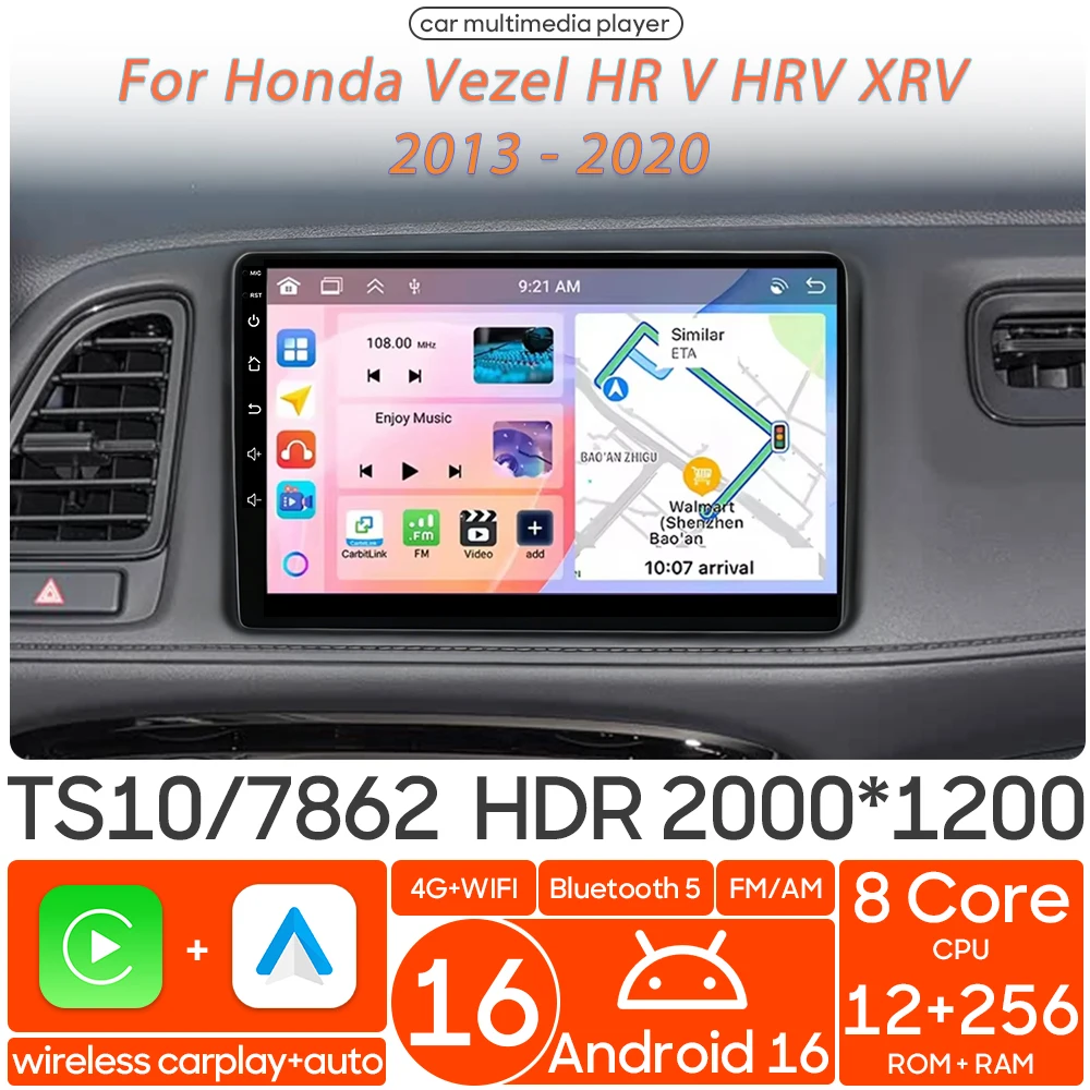 

Мультимедийный проигрыватель Android 16 для Honda Vezel HR-V XRV 2013-2020 с беспроводным CarPlay, автомагнитолой, видео, Wi-Fi и GPS-навигацией