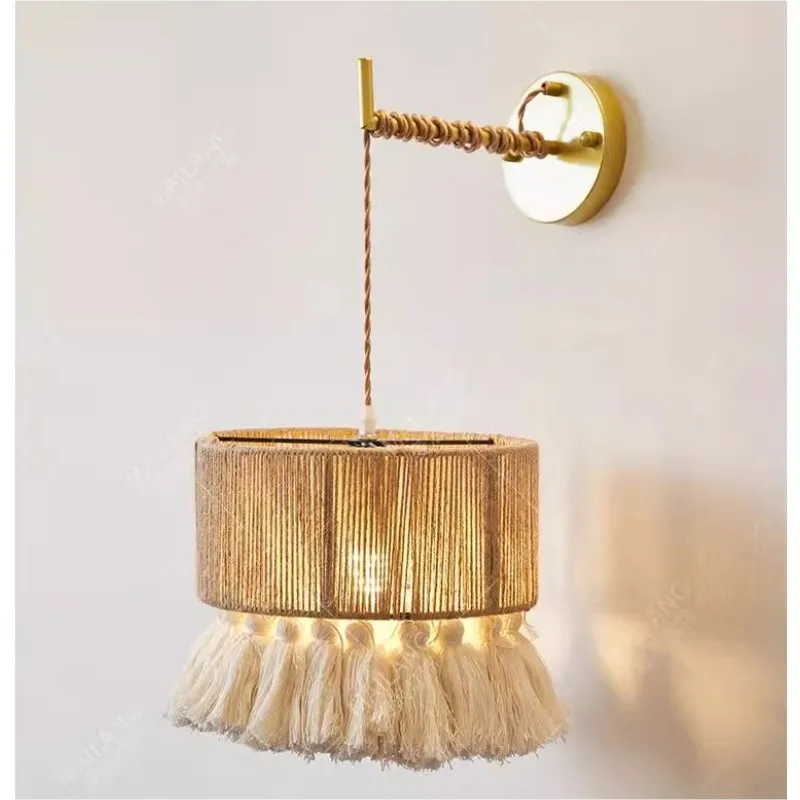 bohemian cotton tassel wall sconce wabi sabi hemp rope lamp led hand knitting quarto wall mounted homestay abajur e27 01