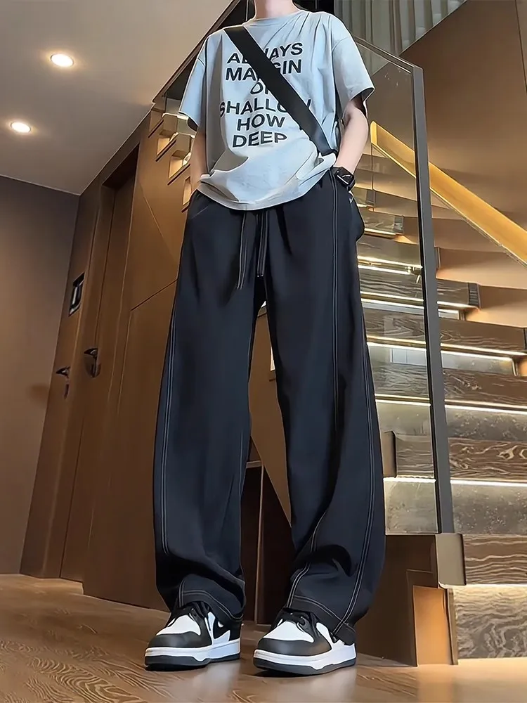 

Bla Ice Silk Men's Summer Thin Straight Leg Casual Pants with Hanging Drape Aesthetic American Slant Cut Knife Pants