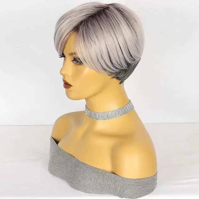 Short Straight Ombre Black Silver Gray Wigs Synthetic  Women Natural for Daily Party Cosplay