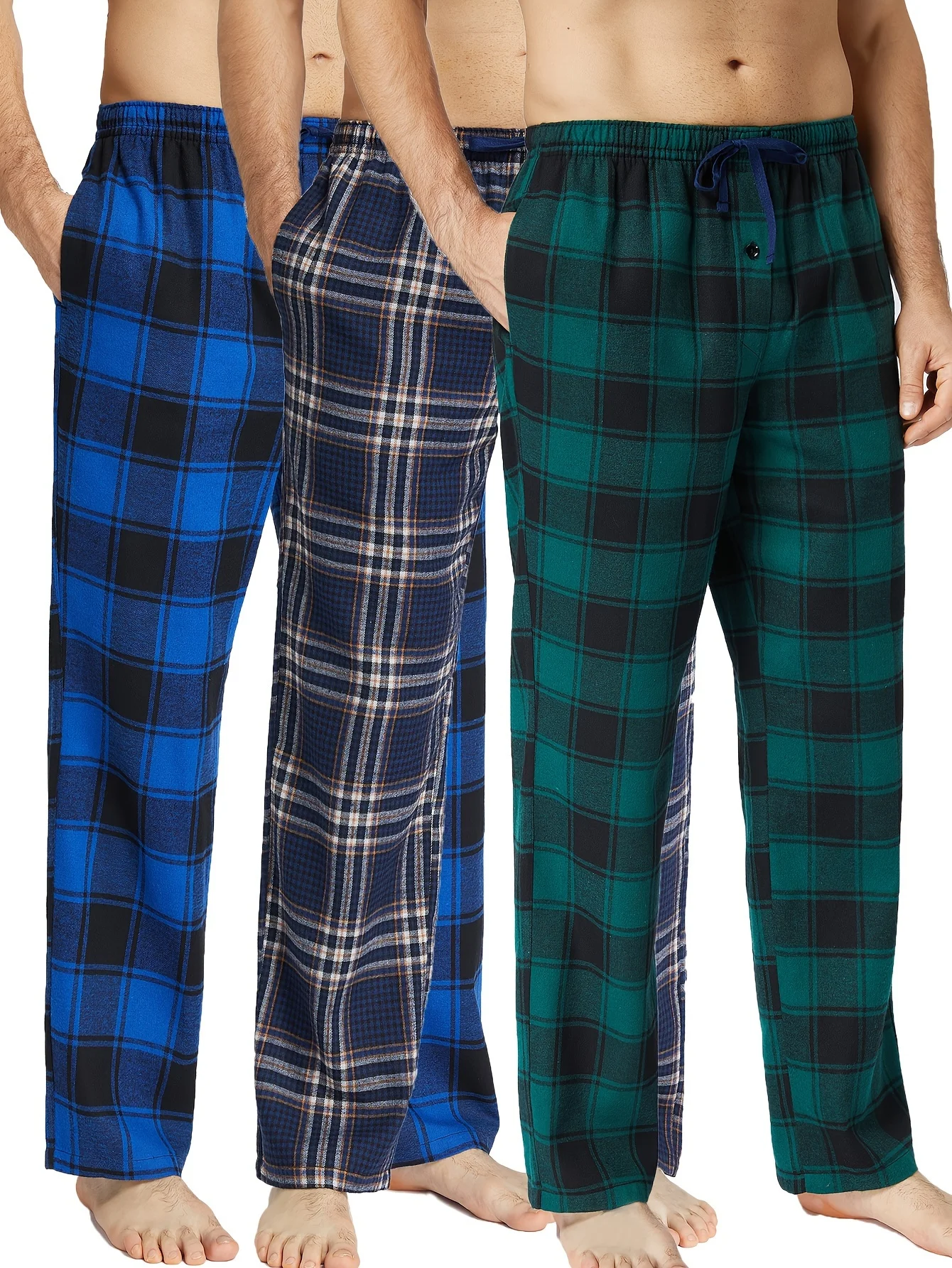 

JupiterSecret 3pcs Men's Pajama Pants Spring/Summer Flannel Cotton Plaid Sleep & Lounge PJ Bottoms with Pockets and Button Fly
