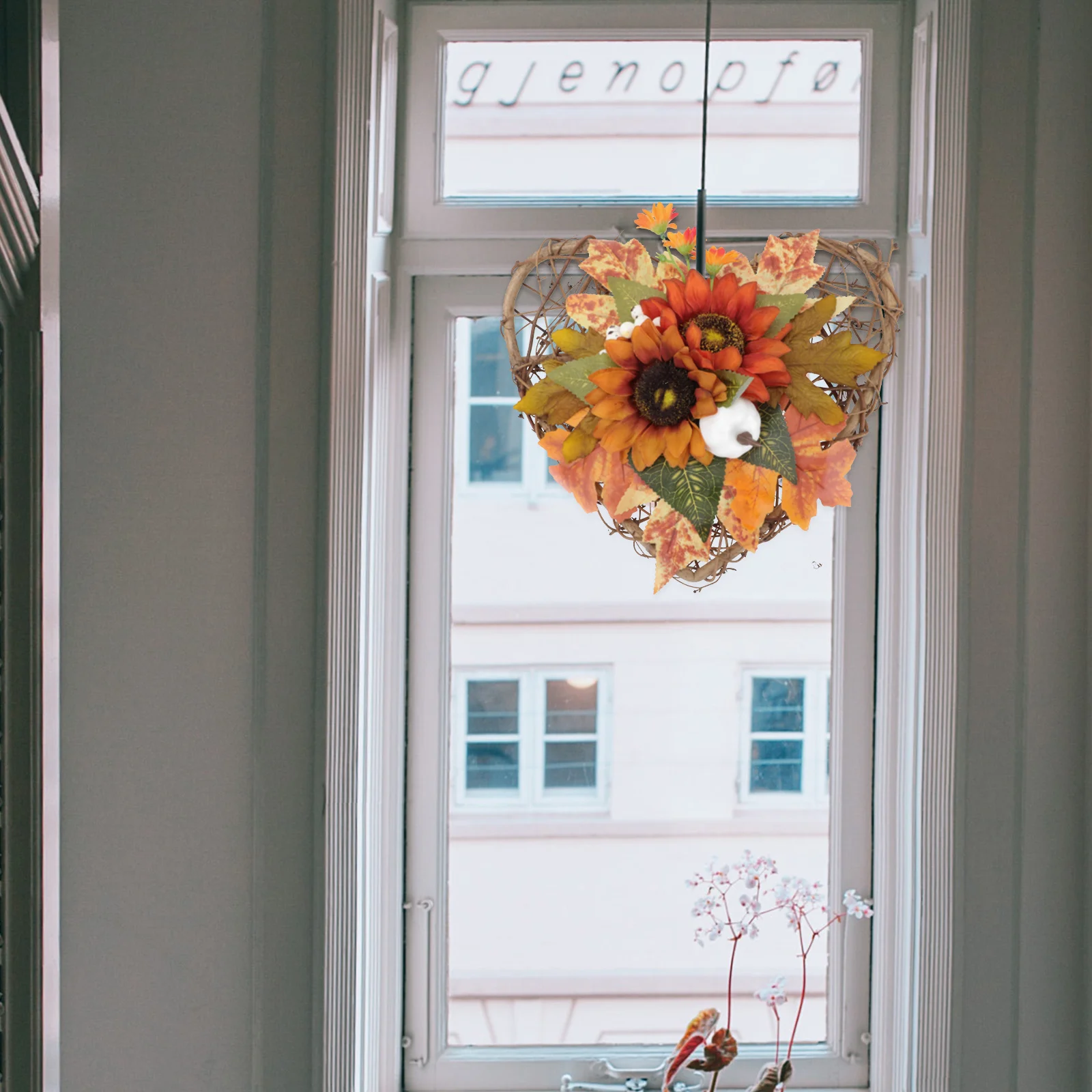 

Artificial Thanksgiving Day Wreath Decor Fake Flowers Plastic Simulated Pendant Autumn Style Heart Shape Wreath Long