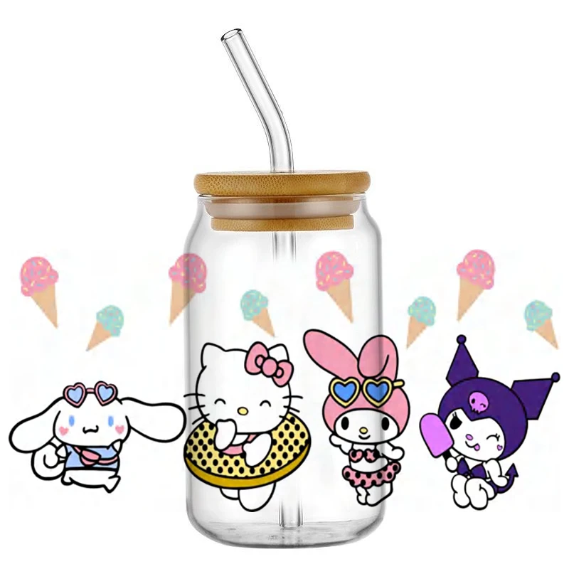 Miniso Hello Kitty Kuromi with Friend Design Washable UV DTF Cup Wrap for 16oz Libbey DIY Mug Waterproof Transfer Sticker