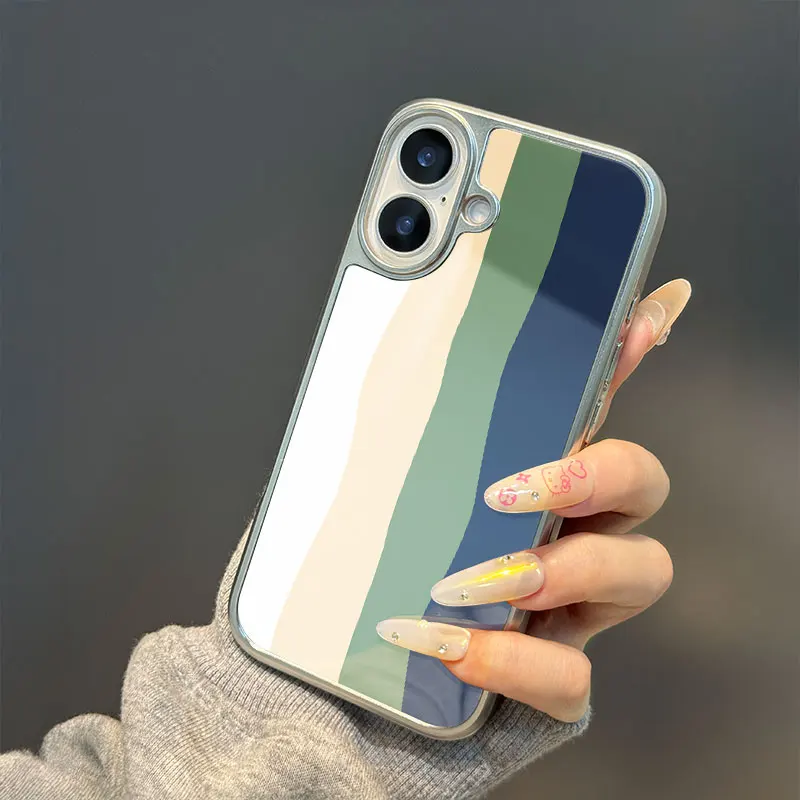 Funda de teléfono anticaída de TPU epoxi con borde plateado con patrones de ondas multicolores para iPhone XR/11/12/13/14/15/16/17 Pro Max