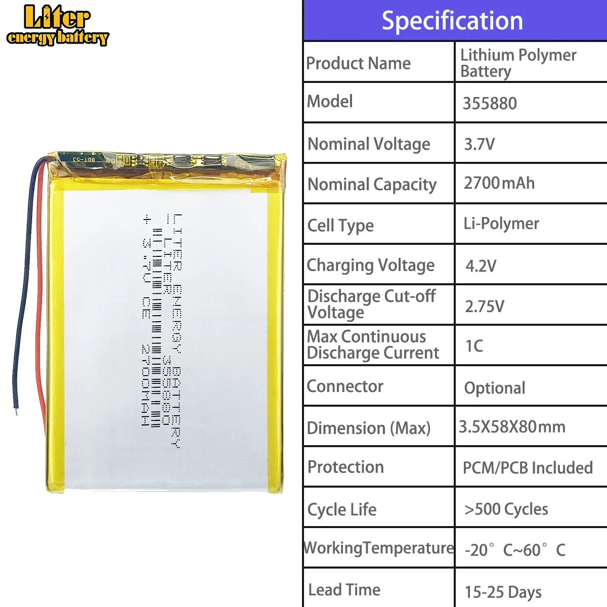 355695 3000mah 355880 2700mah 357797 4000mah 363085 1200mah 364463 1500mah 3.7V polymer lithium battery
