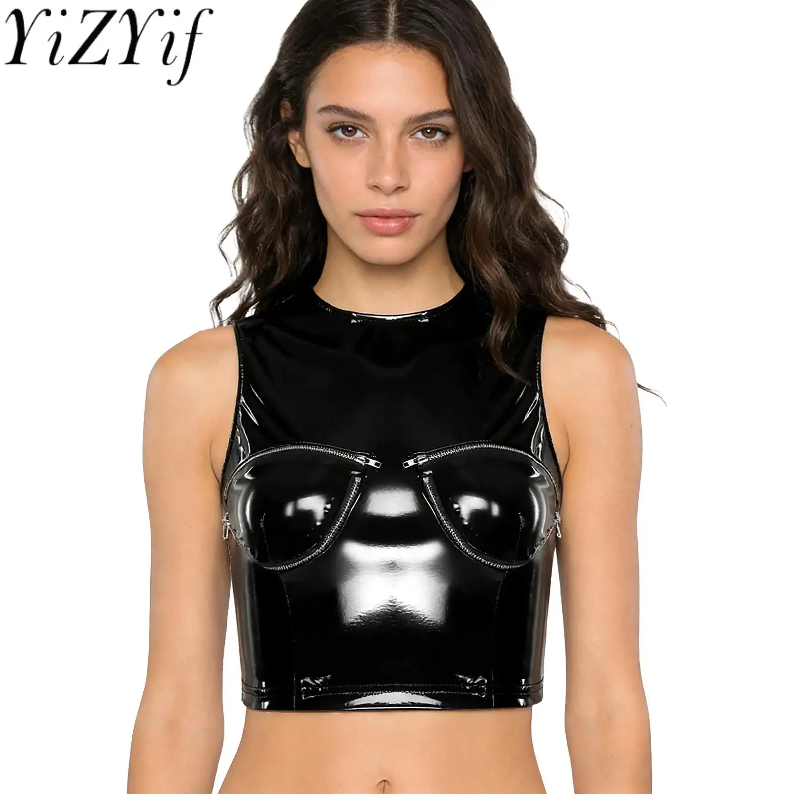 

Женские модные жилеты из искусственной кожи с эффектом мокрой кожи, на молнии, с открытыми чашками бюстгальтера, без рукавов, для рейвов, вечеринок и ночных мероприятий