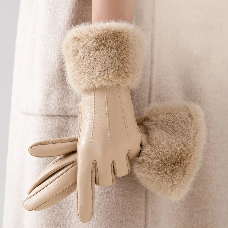 2025 Women Luxury Leather Soft Faux Fur Trim Cuff Fashion Elegant Wrist Winter Party Warm Touch Screen Thick Windproof Gloves