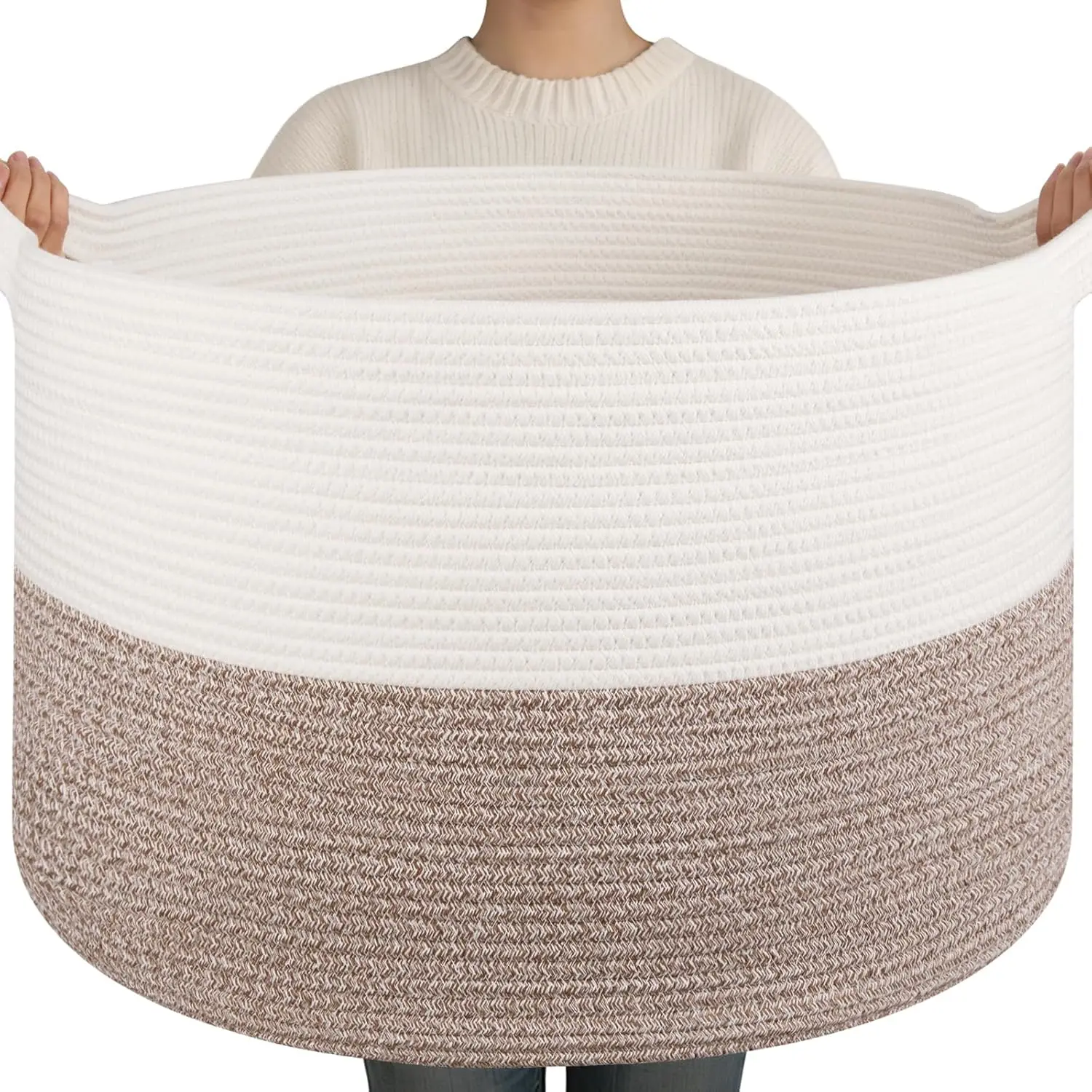

90L Extra Large Woven Cotton Rope Basket for Living Room, 21.7"x13.8" Laundry Hamper, Storage for Blankets, Pillows, Toys, White & Linen Brown