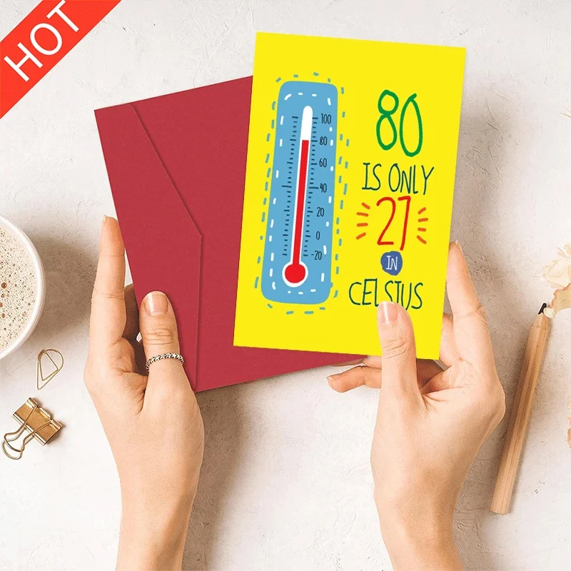 

Летняя открытка с температурным преобразователем: от 80°F до 27°C, забавная погодная тематика