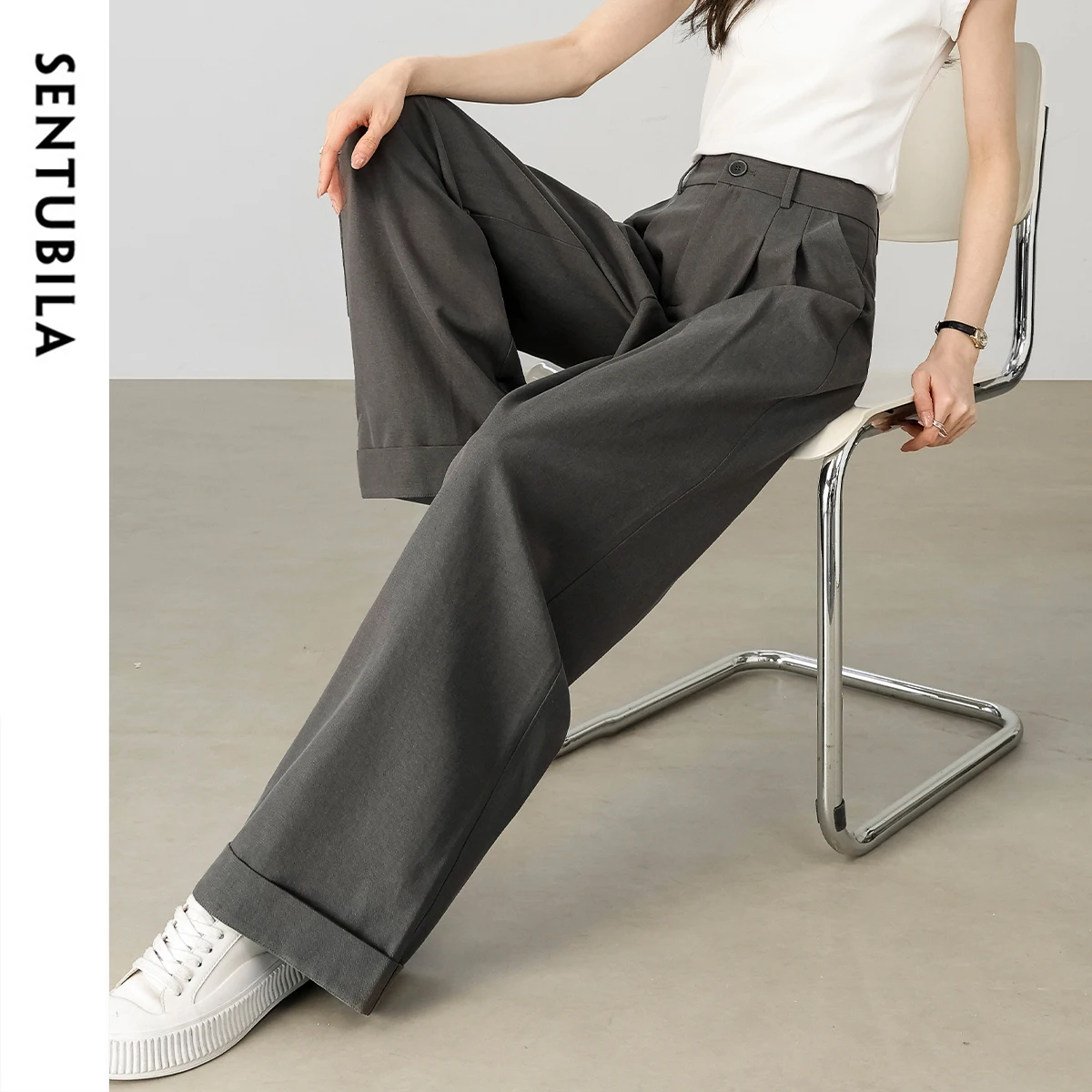 SENTUBILA Women's Summer Pants 2025 Fashion Solid High-waist Folds Pockets Trousers Simple Wide Leg Commuter Outfit W53KD3924X