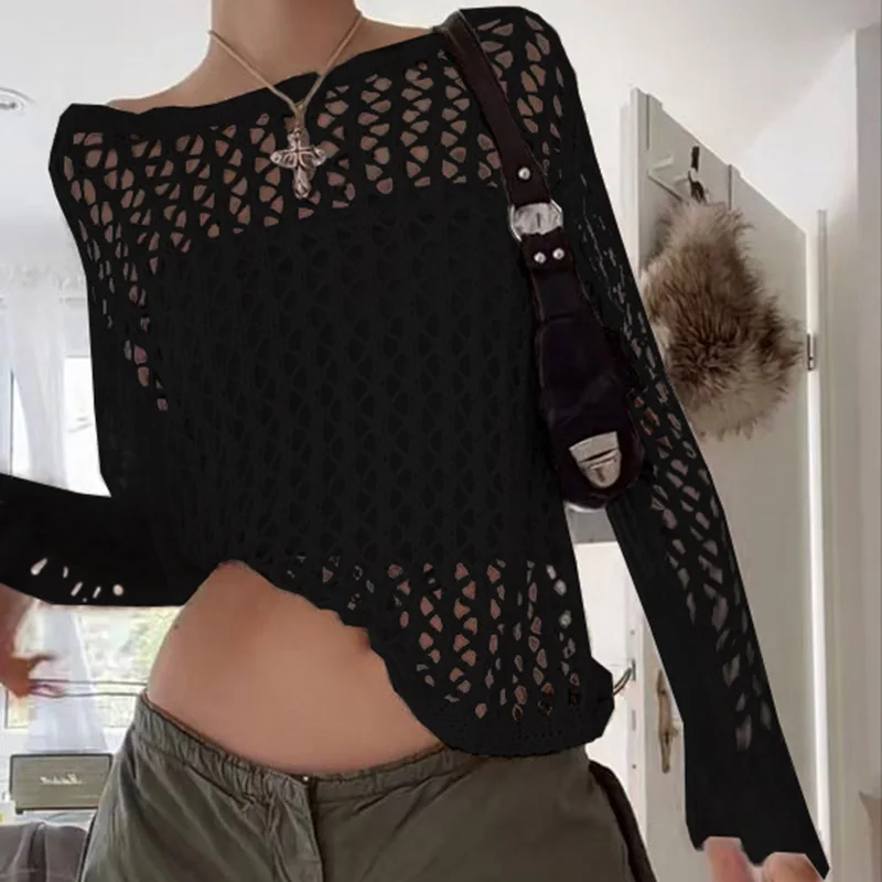 Hollow Large Round Neck Sweater Women's 2026 New American Outer Wear Solid Color Loose Perspective Mesh Long-sleeved Top