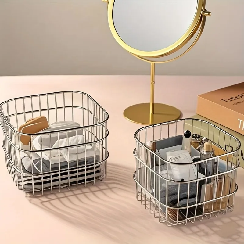1pc Square Metal Home Desktop Sundries Storage Basket Cosmetics Organizer Basket Storage, Shelf Baskets