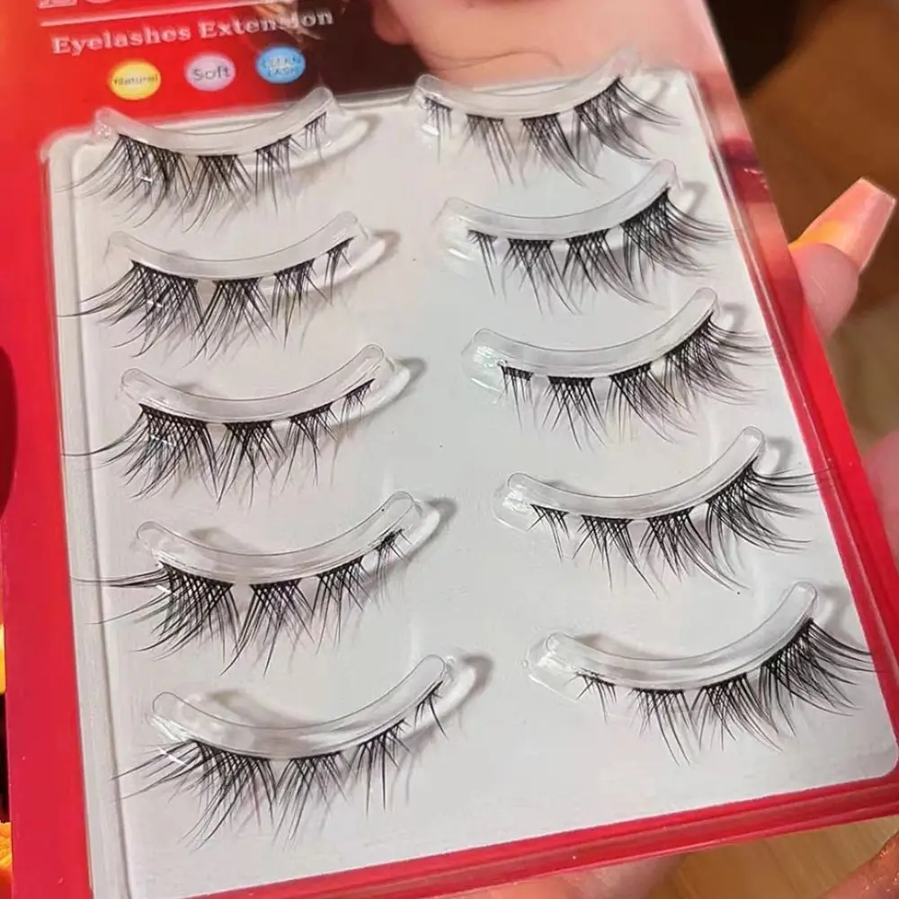 5 Pairs End Eye Elongated Messy Curled Natural False Eyelashes Transparent Stem Cat Eye Fox Lashes 3D Mink