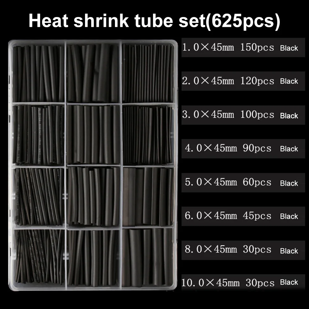 625 шт./лот, термостойкая трубка, термоусадочная упаковка 2:1, черная термоусадочная трубка, набор проводов, кабелей, полиолефиновая трубка