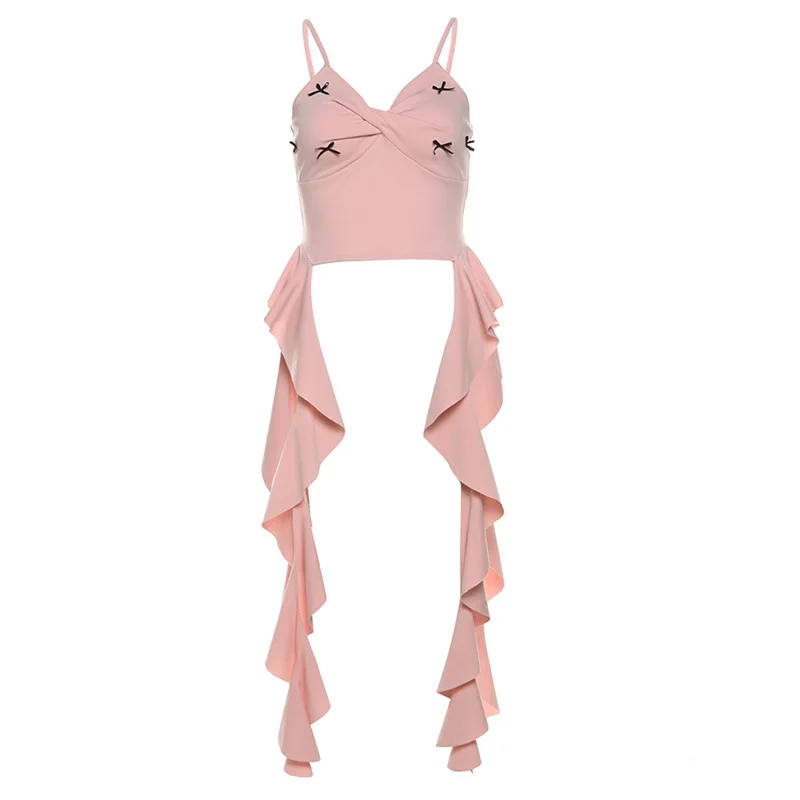 سترة بروتيل صيفية جديدة لعام 2025 للنساء موضة الشارع بقصة ضيقة وكشكشة علوية مثيرة بدون ظهر باللون الأحمر تناسب كل مباراة Mujer