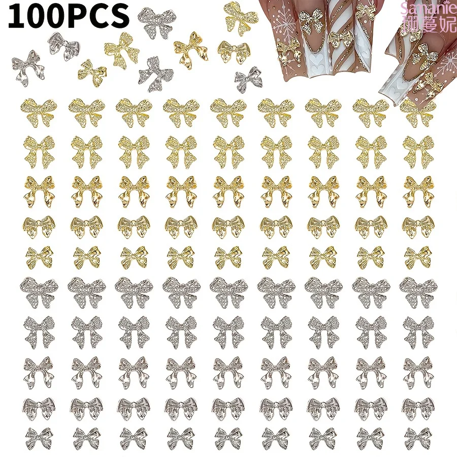 100 Pcs Metal Bow Nail Charms Gold Silver Mixed Textured Bow Nail Ornaments Multi Size 3D Nail Art Decor for Salon Home DIY Manicure