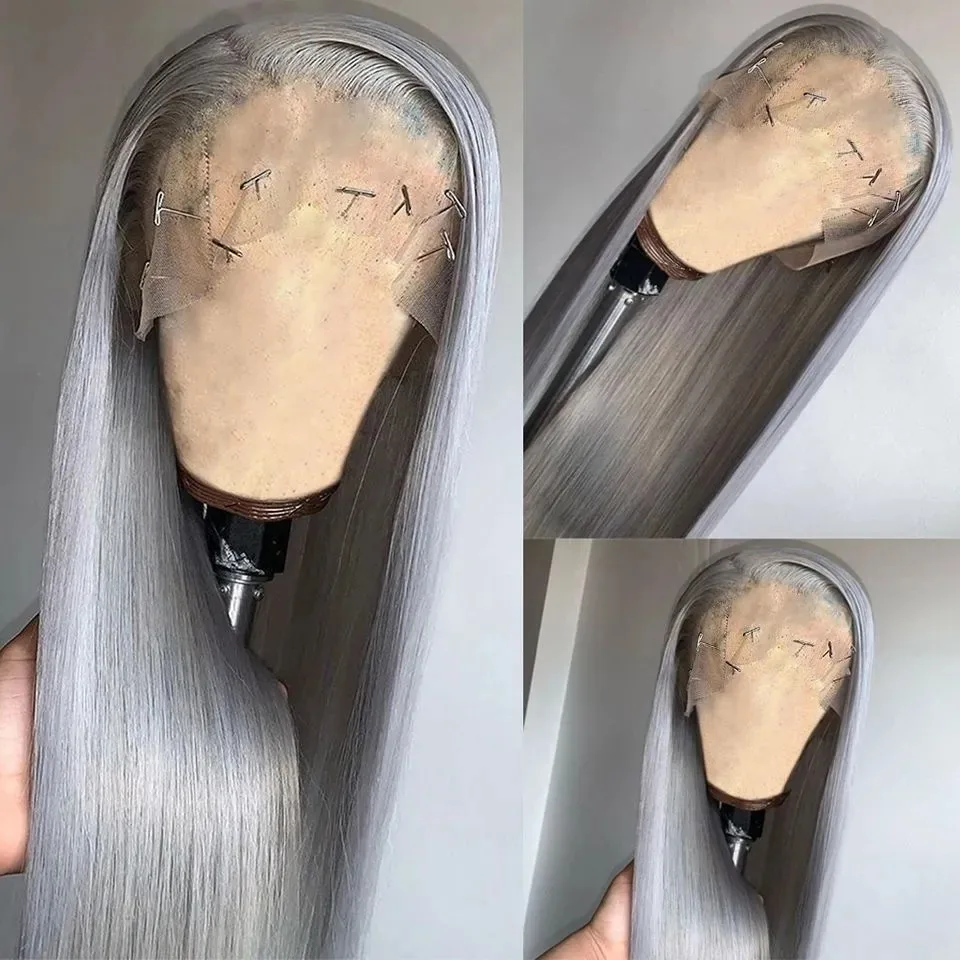 Silver Grey Wig Bone Straight Lace Front Wigs 13x4 HD Glueless Ready To Wear Synthetic Lace Frontal Wig for Women Party Cosplay