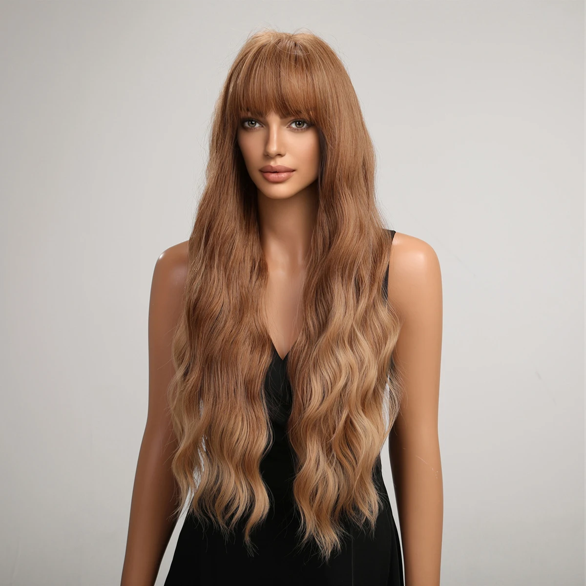 Long Honey Blonde Brown Wigs for Women 26in with Bangs Curly Wavy Wig Natural Looking Synthetic Heat Resistant Fiber Wig