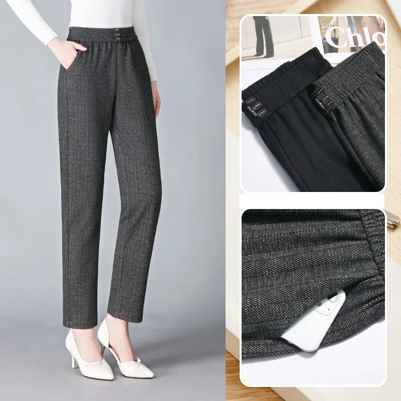 女性用伸縮性ストライプストレートレッグベルベットパンツ、ハイウエストパンツ、ウォームカジュアルパンツ、中年母親用ロングパンツ、冬